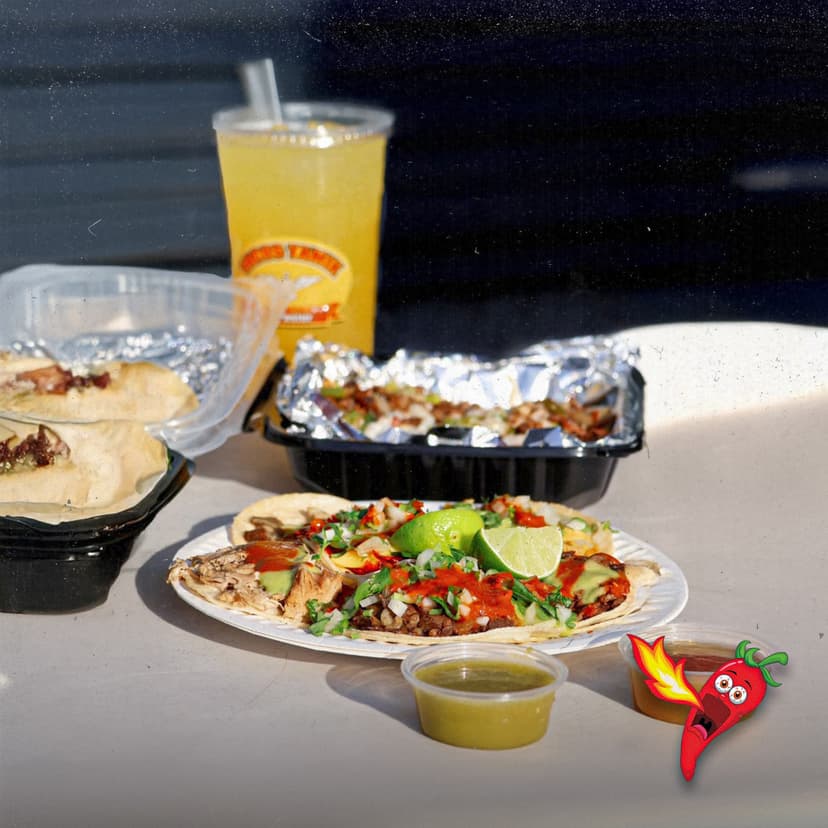 Full spread of tacos and drinks